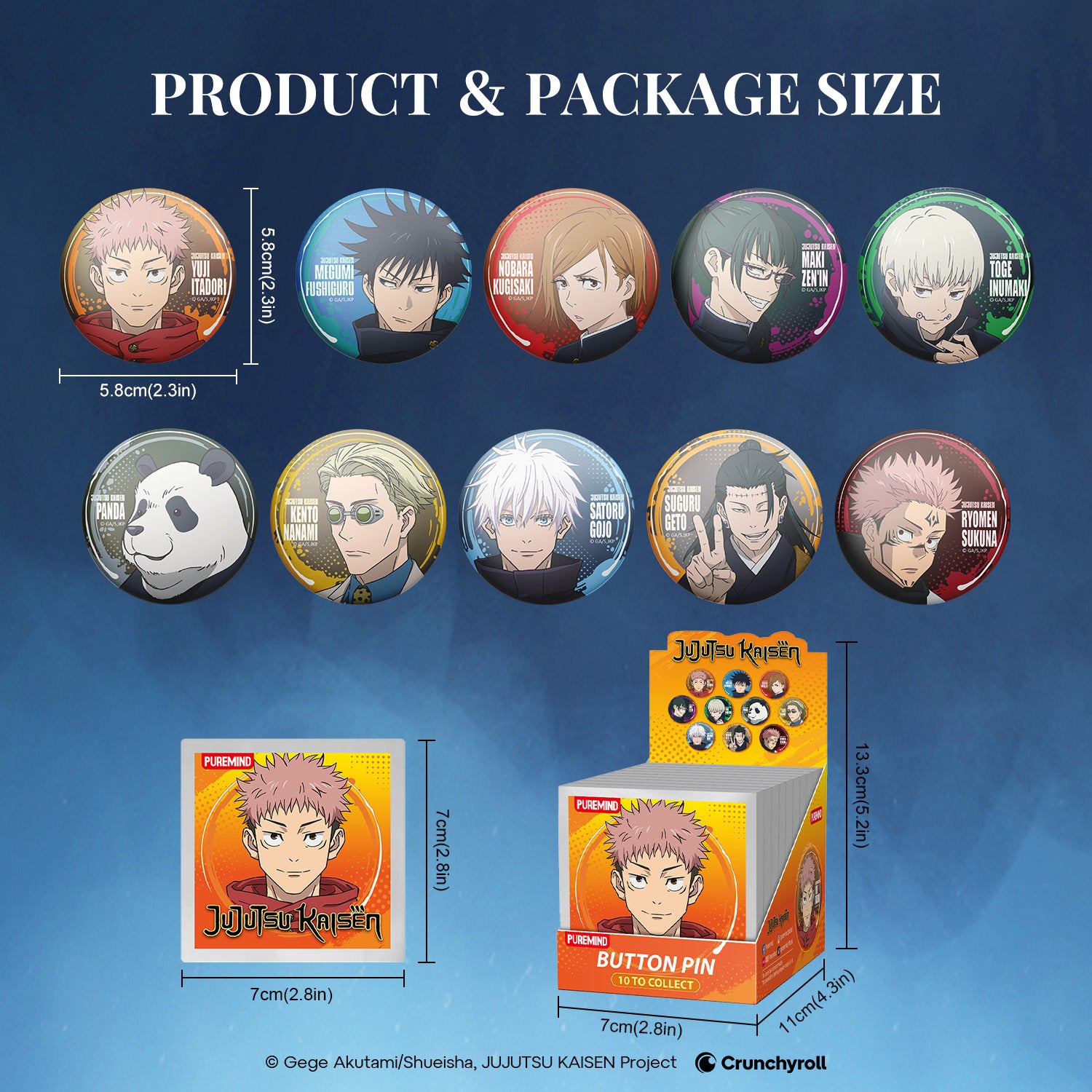 Puremind Jujutsu Kaisen button pin - size dimensions