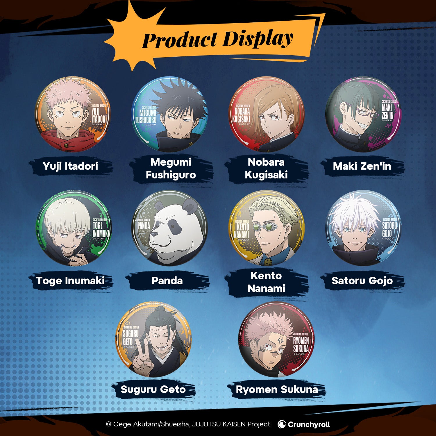 Puremind x Jujutsu Kaisen button pins - character collection display