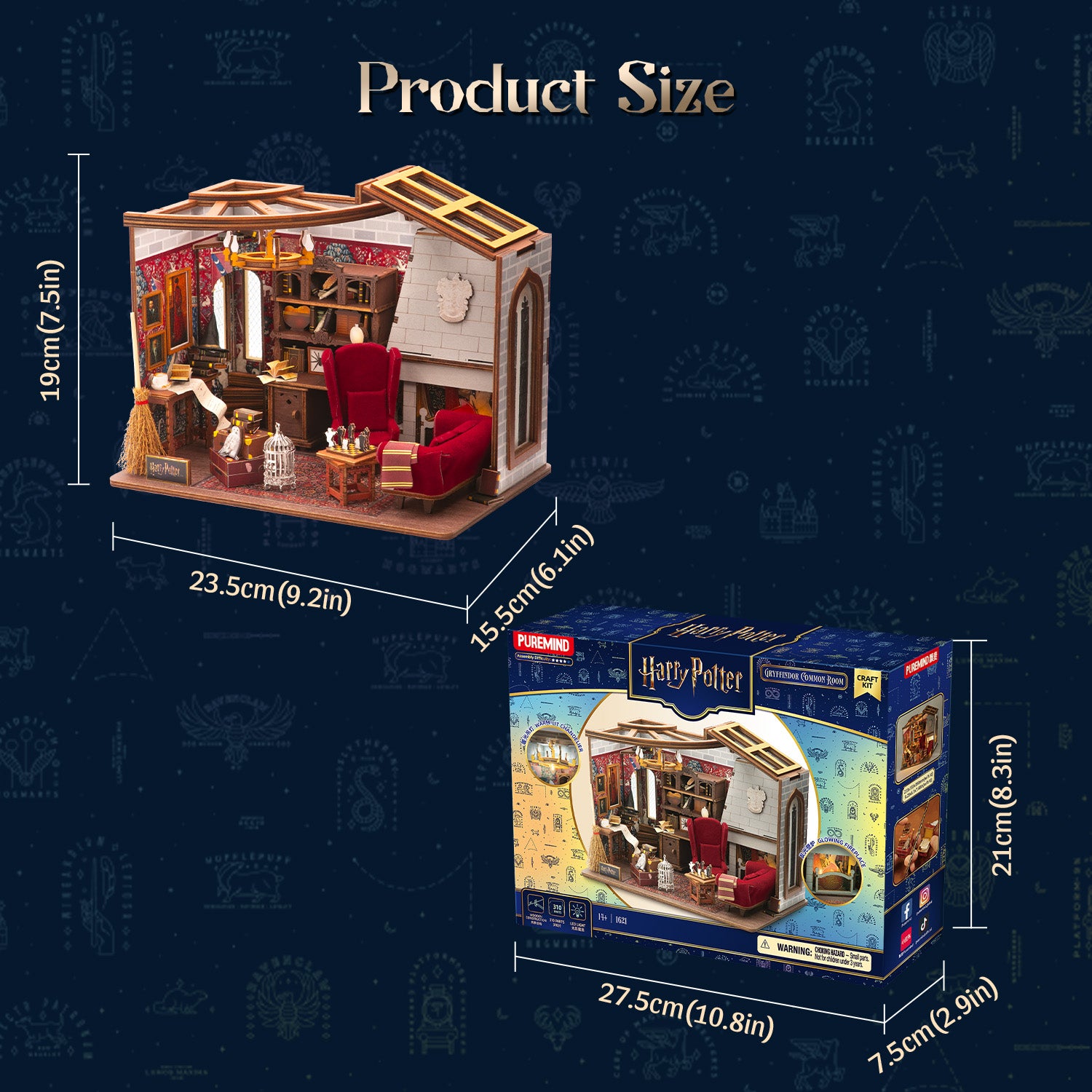 Puremind x Harry Potter Gryffindor Common Room wooden puzzle size diagram