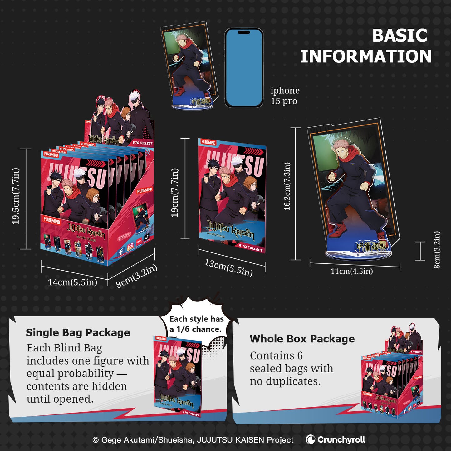 Puremind x Jujutsu Kaisen Acrylic Stand Blind Bag size details