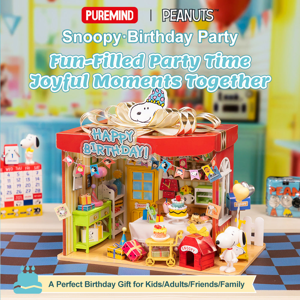 Puremind x Snoopy Birthday Party wooden puzzle finished display